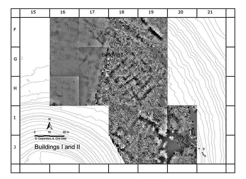The outlines of the buildings I and II identified by prospecting geoelectric